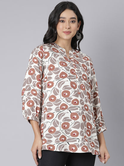 Women's Beige & Rust Floral Print A-Line Short Kurti