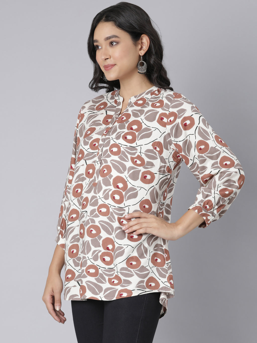 Women's Beige & Rust Floral Print A-Line Short Kurti