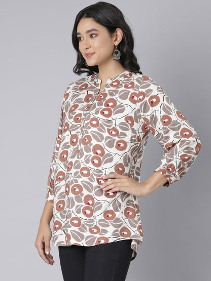 Women's Beige & Rust Floral Print A-Line Short Kurti