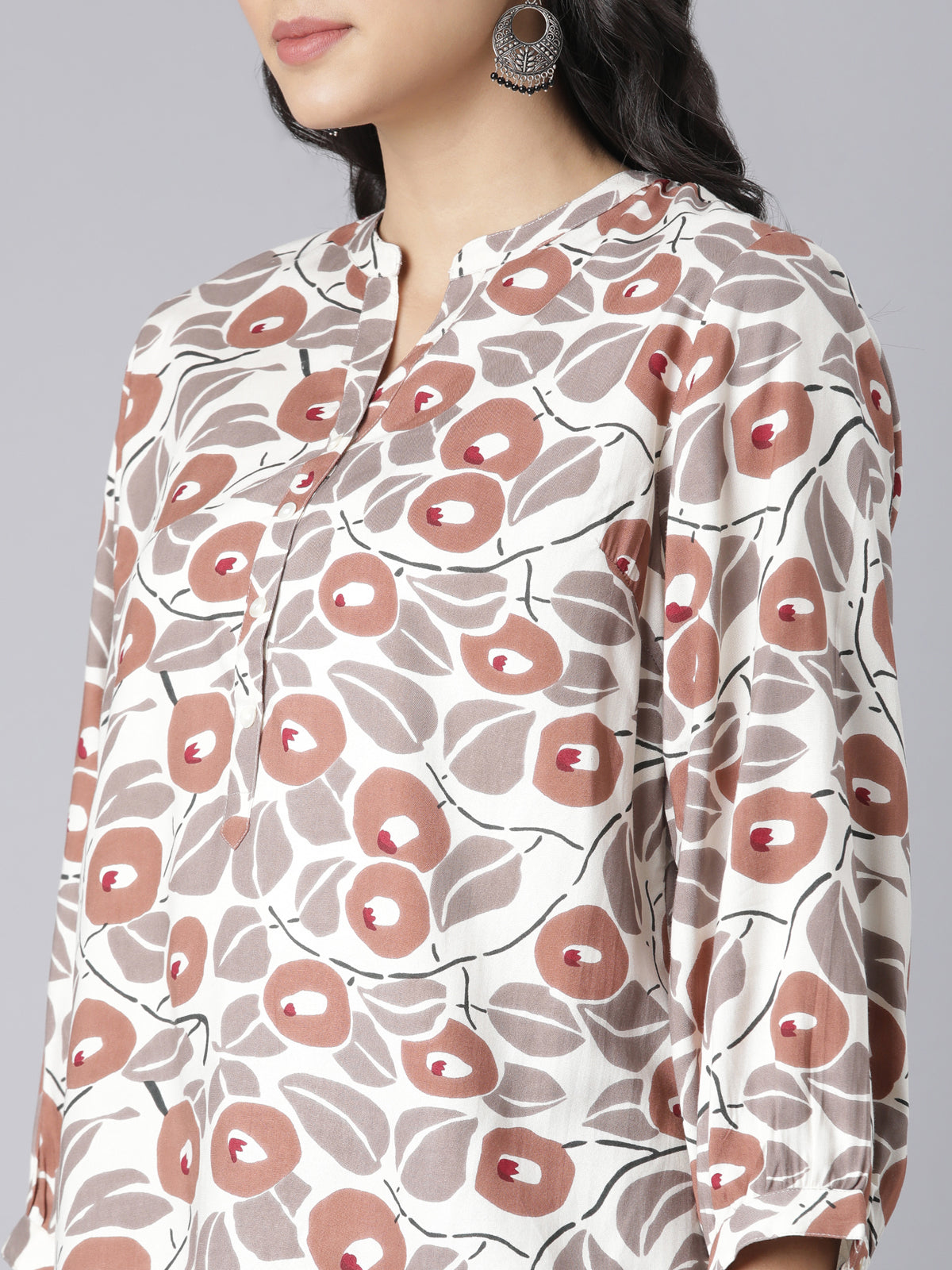 Women's Beige & Rust Floral Print A-Line Short Kurti