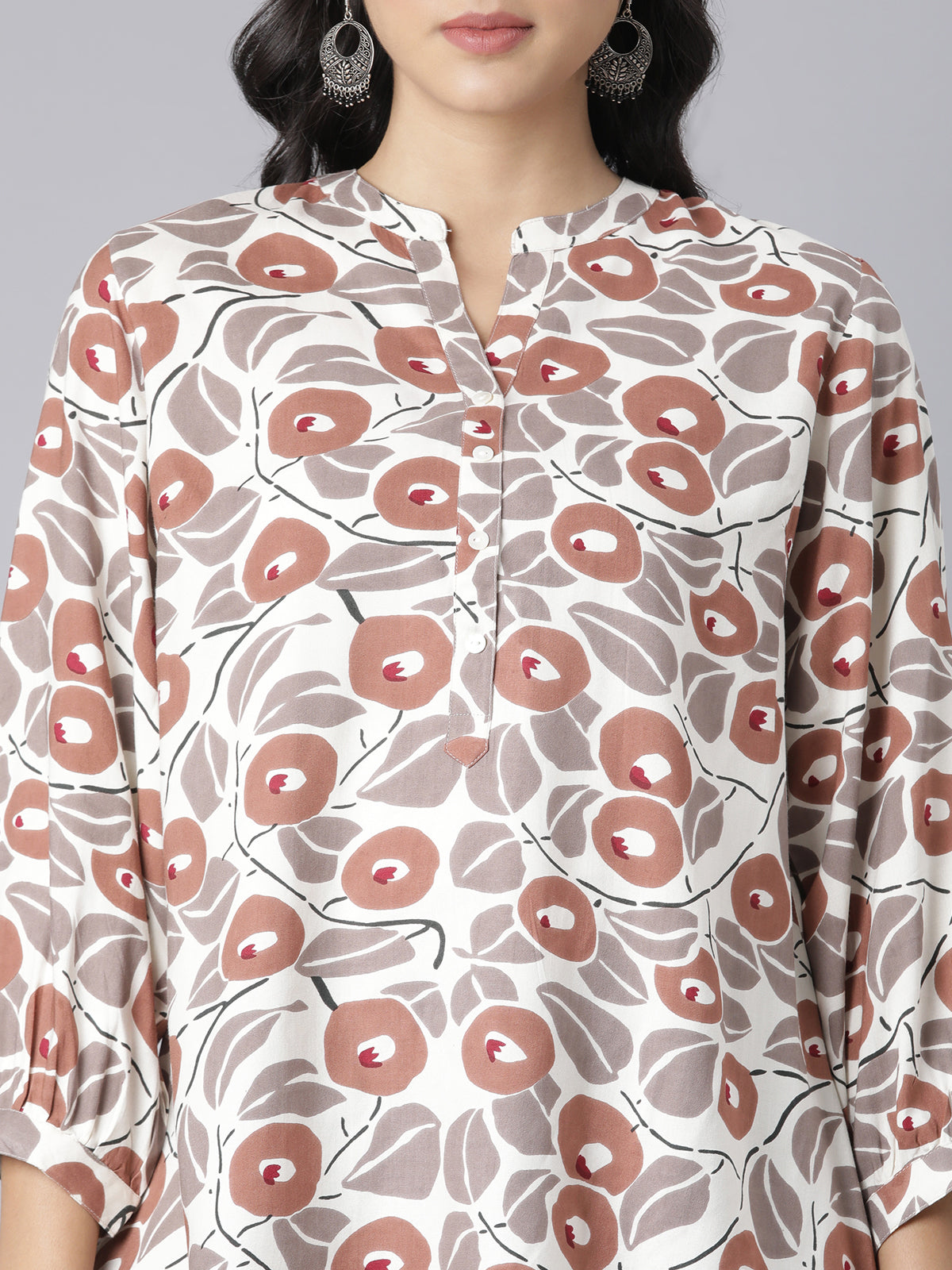 Women's Beige & Rust Floral Print A-Line Short Kurti