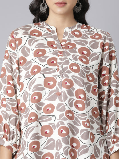 Women's Beige & Rust Floral Print A-Line Short Kurti