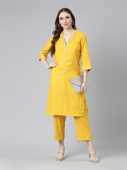 front view of Samhitas Chrome Yellow Kurti With Pants