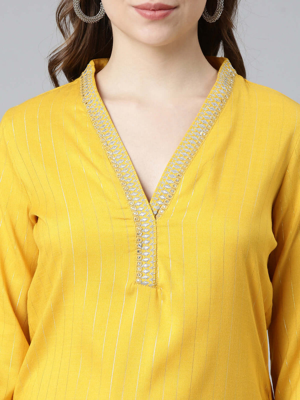 closeup view of Samhitas Chrome Yellow Kurti With Pants