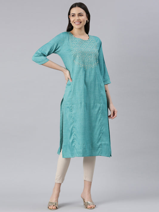 front side image of Embroidered Light Blue chikankari kurta for women