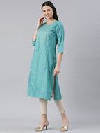 side view image of Samhitas Light Blue chikankari kurta for women