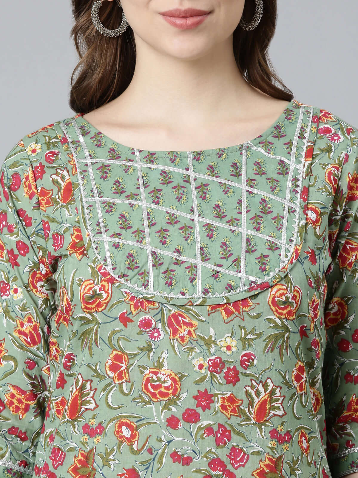 Closeup view of Samhitas Mint Green Kurti Set For Women