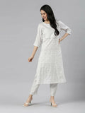 front view of Samhitas White Round Neck Loose Fit Kurta set for women