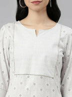 closeup view of Samhitas White Round Neck Loose Fit Kurta set for women