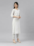 front side view of Samhitas White Round Neck Loose Fit Kurta set for women