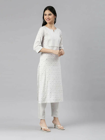 front side view of Samhitas White Round Neck Loose Fit Kurta set for women