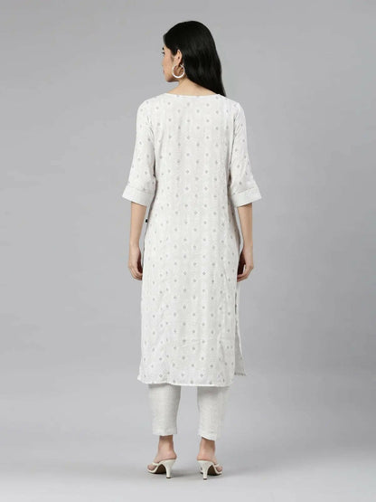 back view image of Samhitas White Round Neck Loose Fit Kurta set for women