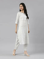 front view of Samhitas White Round Neck Loose Fit Kurta set for women