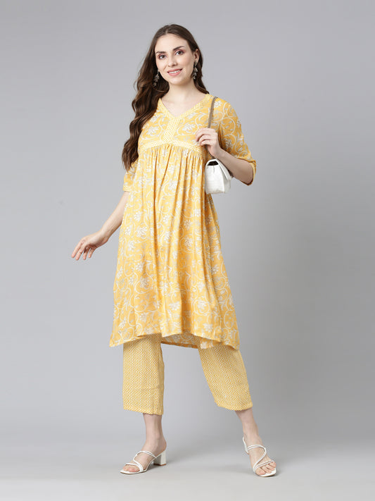 Front View of Yellow Printed Kurti sets for women from Samhitas Apparel