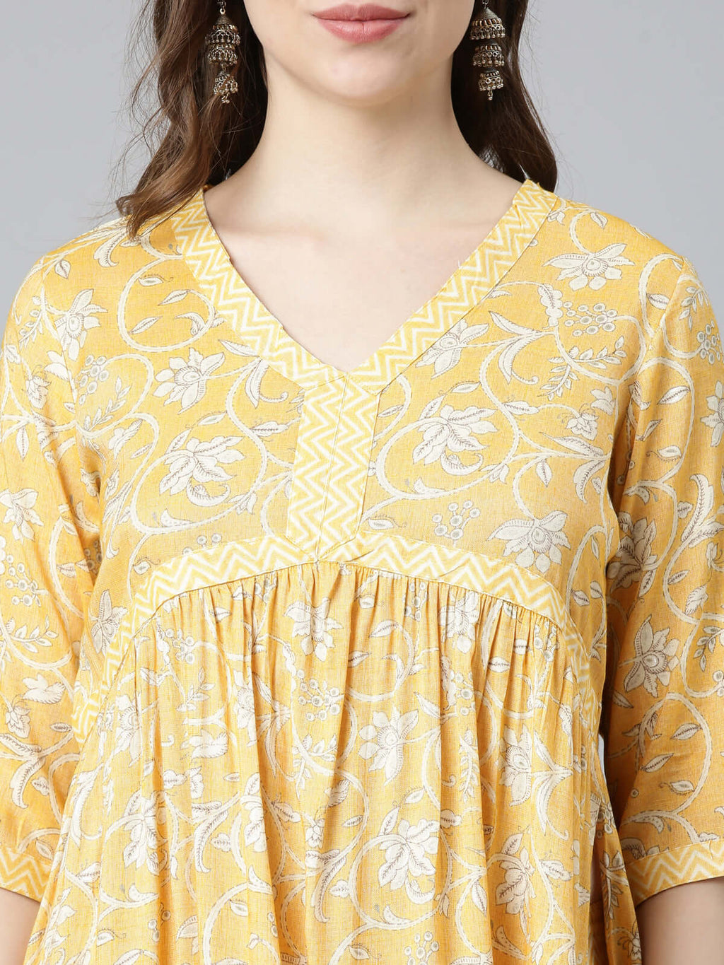 Closeup View of Yellow Printed Kurti sets for women from Samhitas Apparel