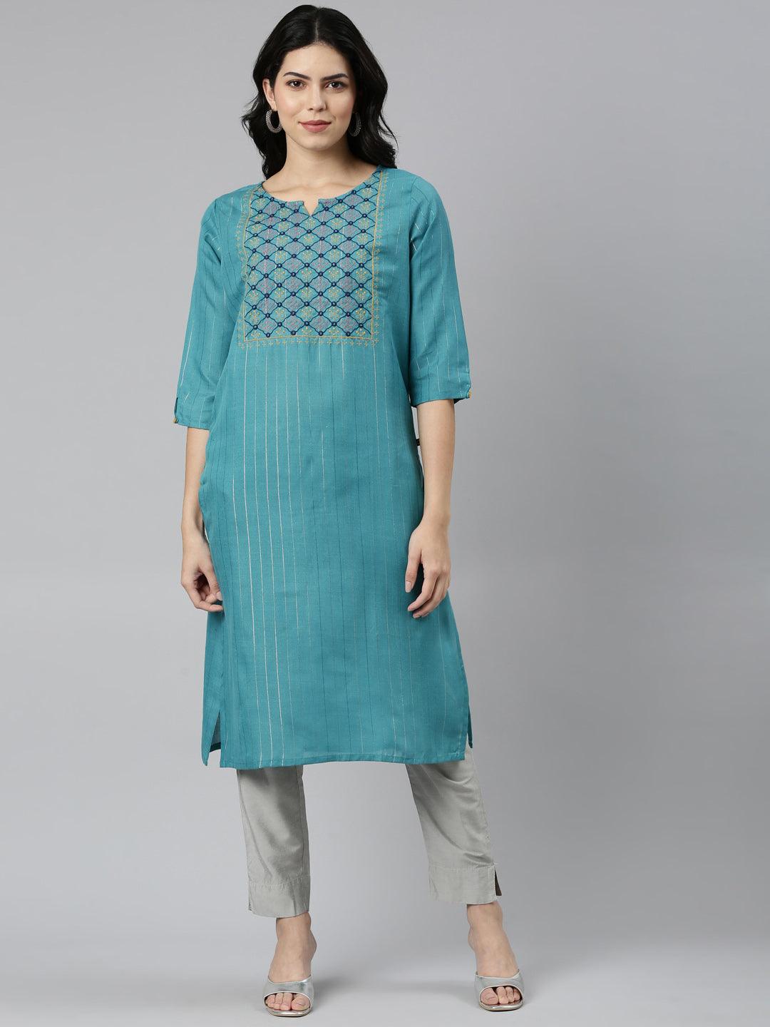 front view image of Samhitas blue chikankari kurta for women