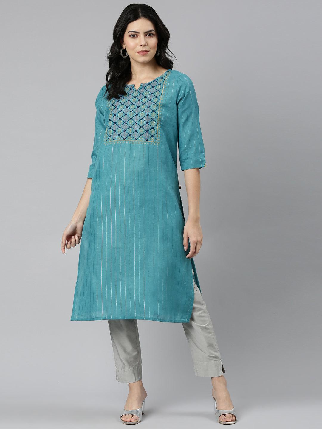 front view image of Samhitas blue chikankari kurta for women