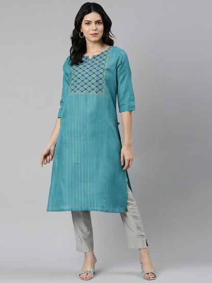 front view image of Samhitas blue chikankari kurta for women