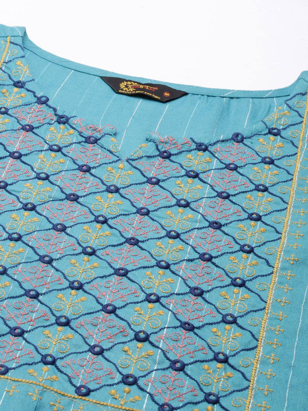 closeup image of Samhitas blue chikankari kurta for women