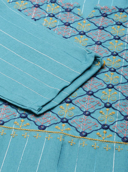  closeup image of Samhitas blue chikankari kurta for women embroidery work
