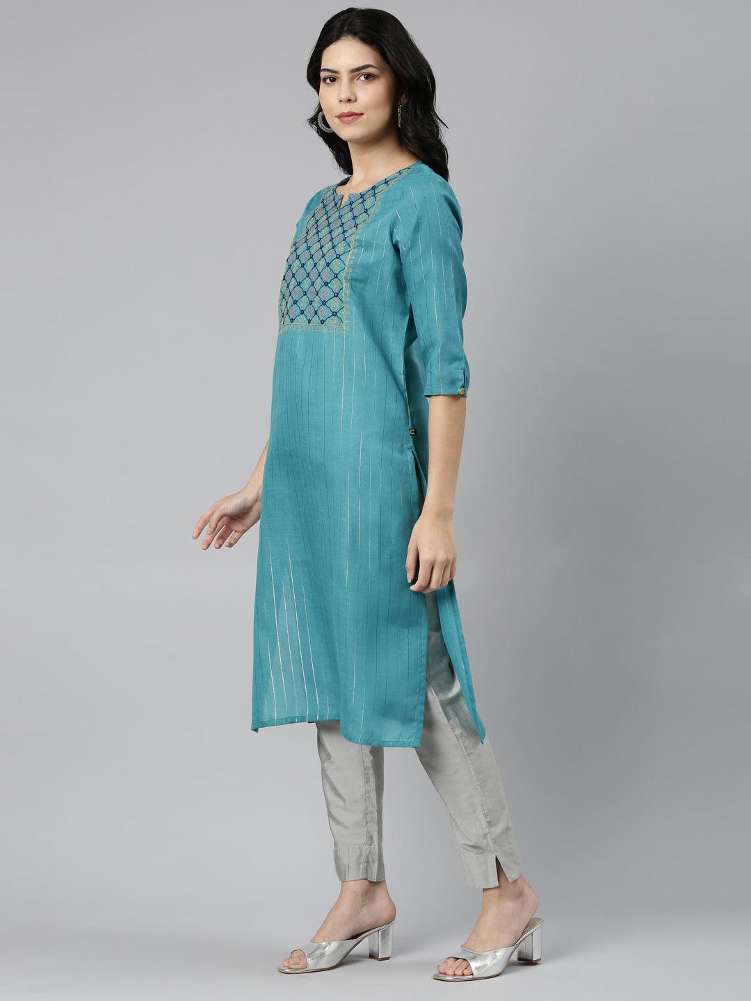 side view image of Samhitas blue chikankari kurta for women