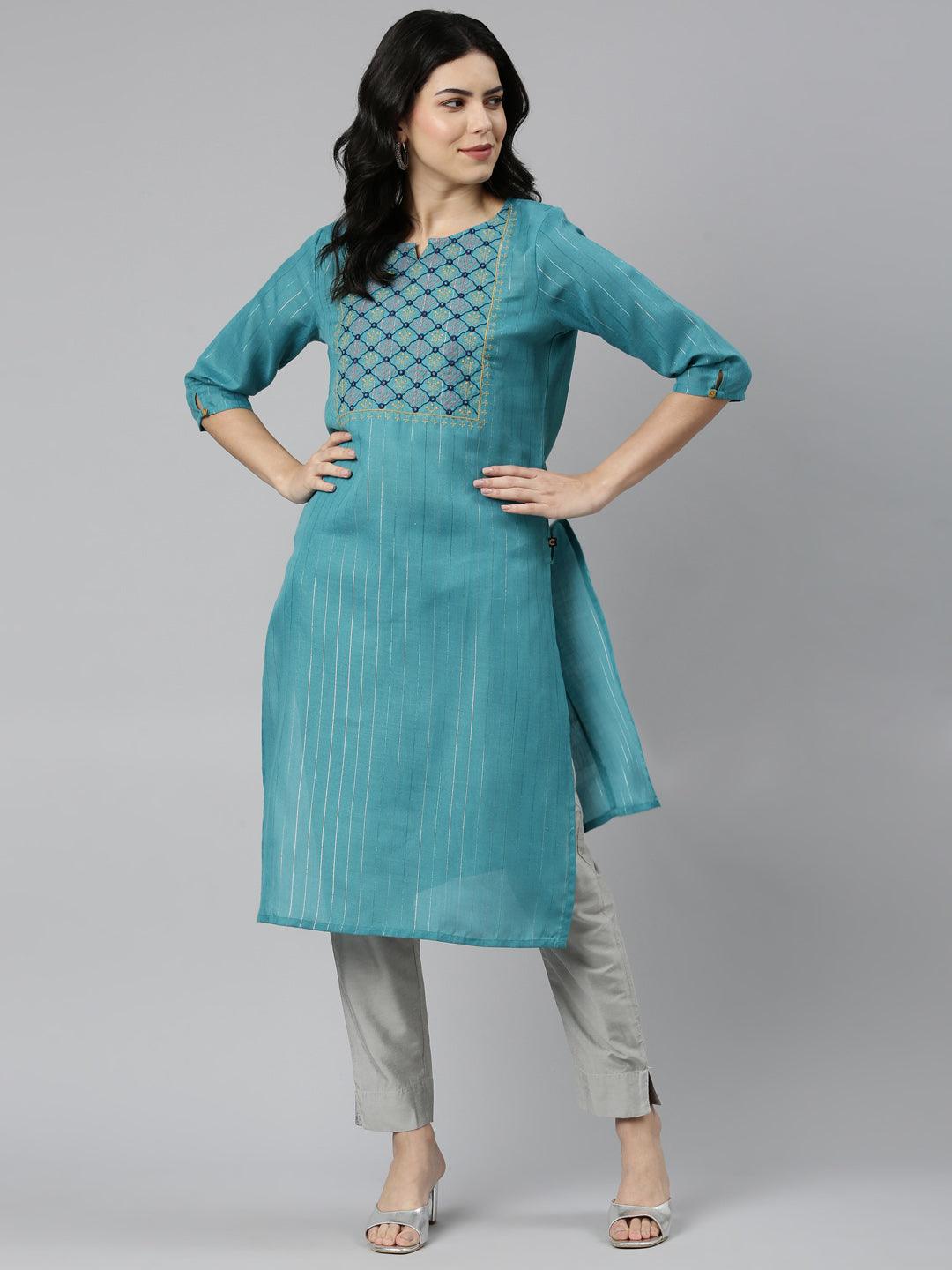 front view image of Samhitas blue chikankari kurta for women