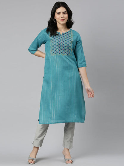 front view image of Samhitas blue chikankari kurta for women