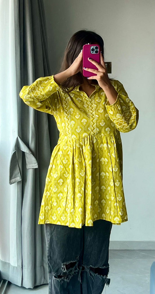 Mustard Cotton Printed Short Kurti for Women