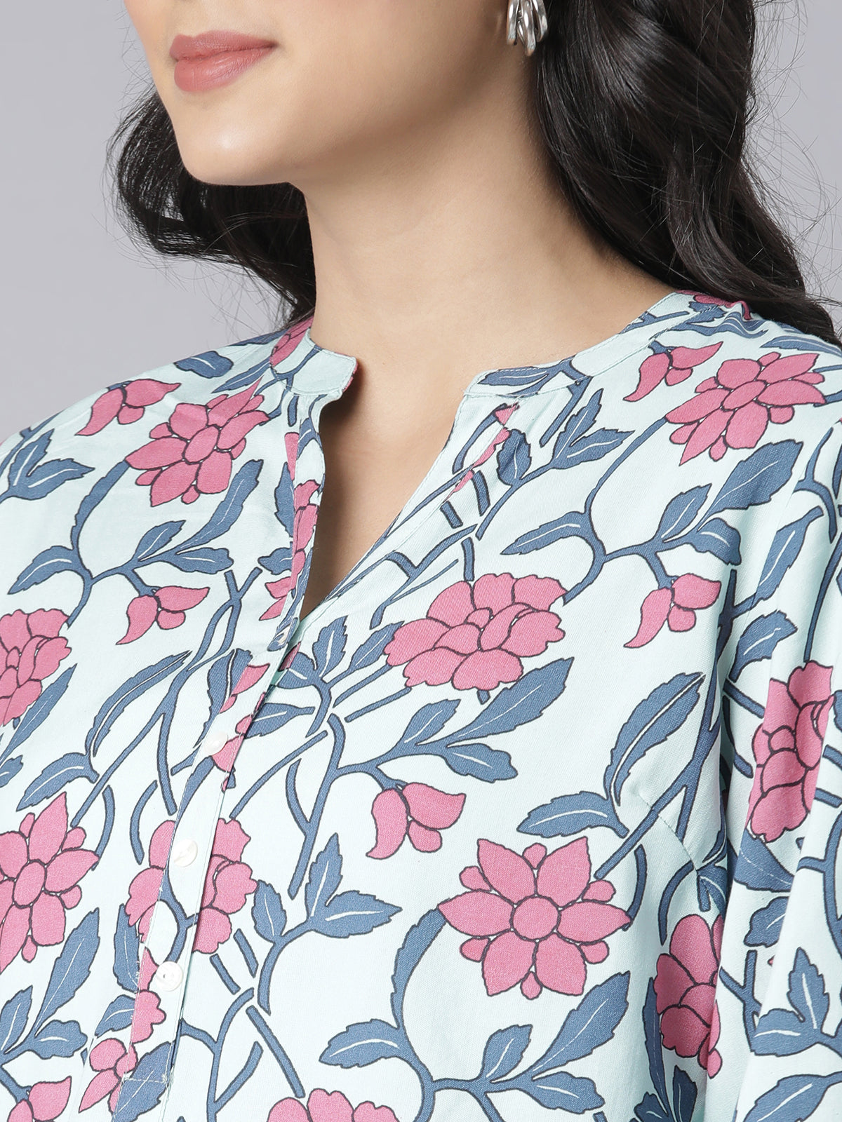Blush Garden Notch Neck Short Kurti with Pink & Blue Floral Print