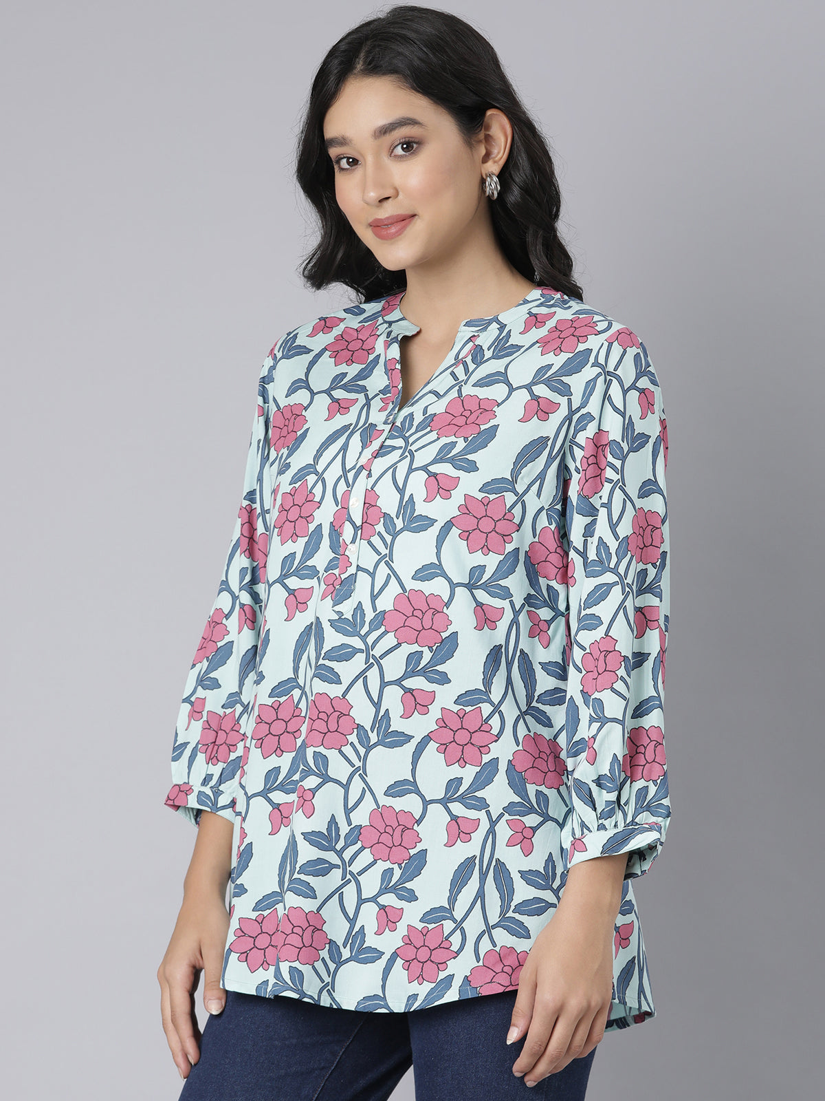Blush Garden Notch Neck Short Kurti with Pink & Blue Floral Print