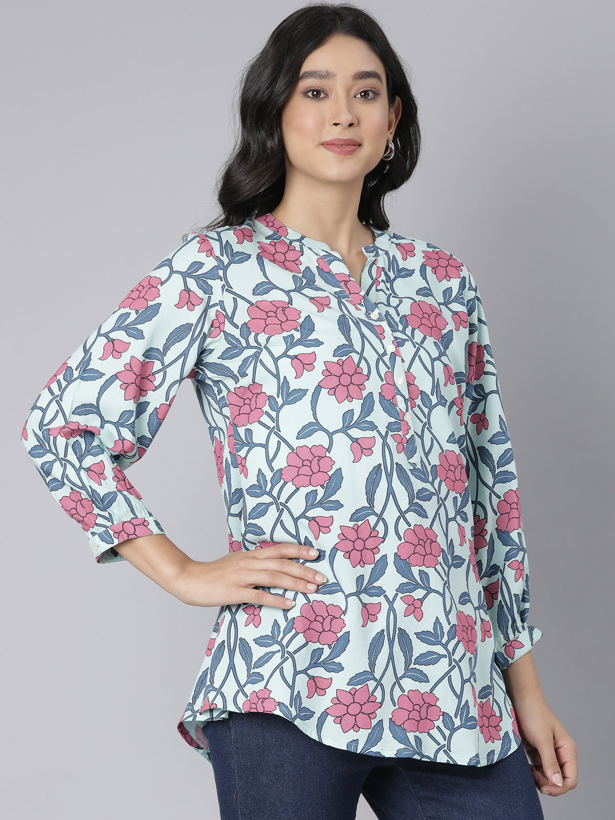 Blush Garden Notch Neck Short Kurti with Pink & Blue Floral Print