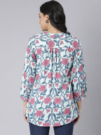 Blush Garden Notch Neck Short Kurti with Pink & Blue Floral Print