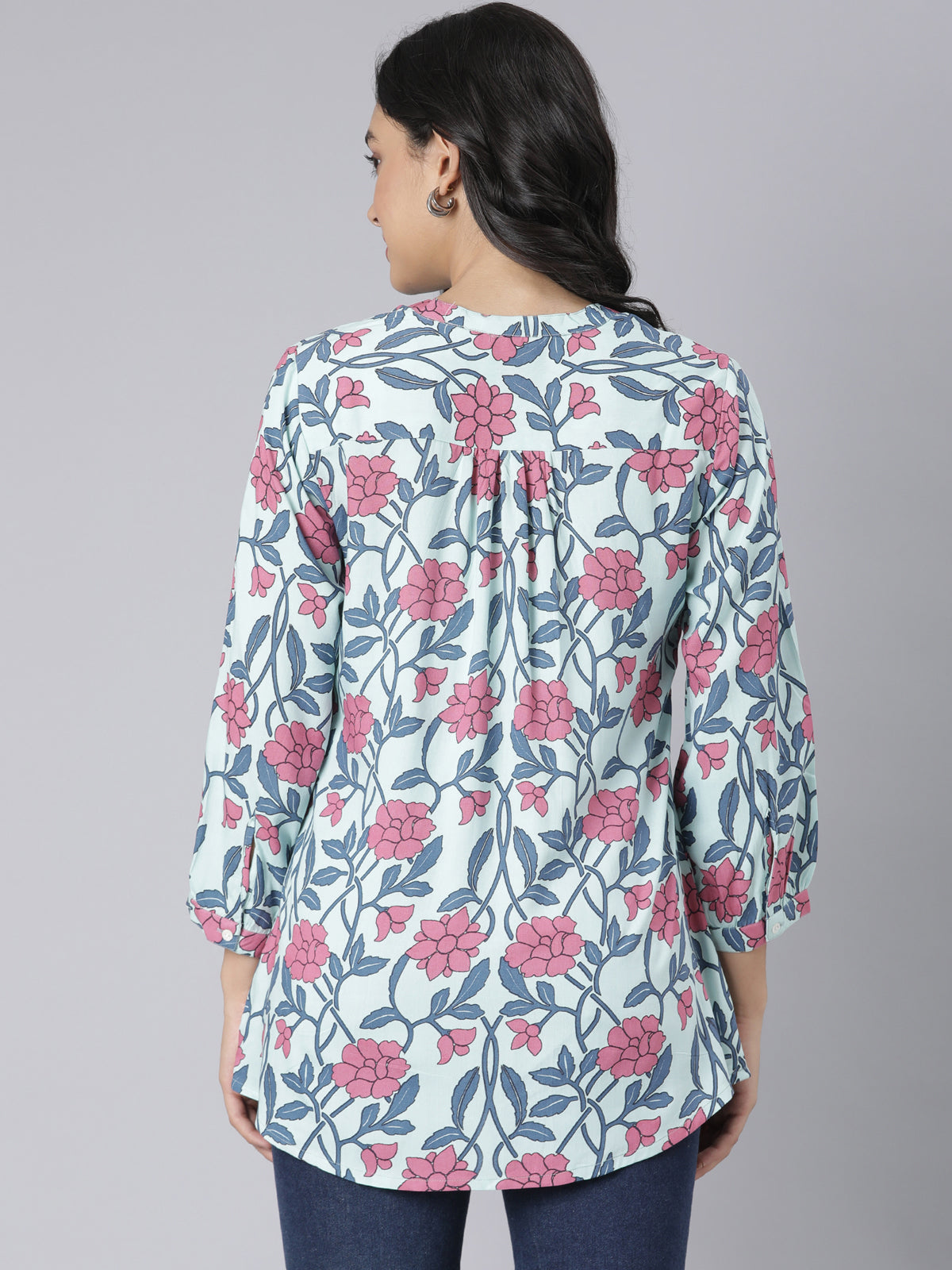 Blush Garden Notch Neck Short Kurti with Pink & Blue Floral Print