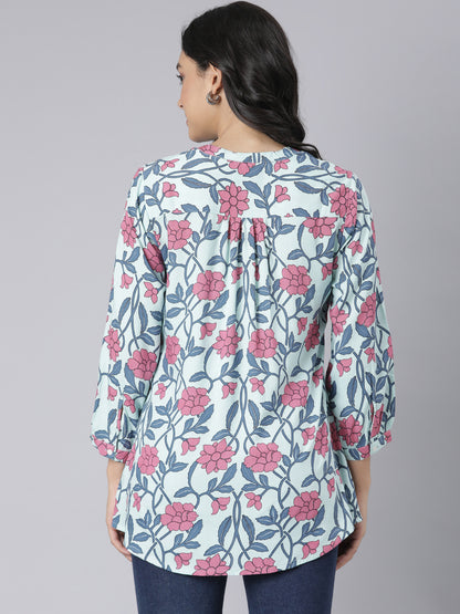 Blush Garden Notch Neck Short Kurti with Pink & Blue Floral Print