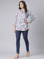 Blush Garden Notch Neck Short Kurti with Pink & Blue Floral Print