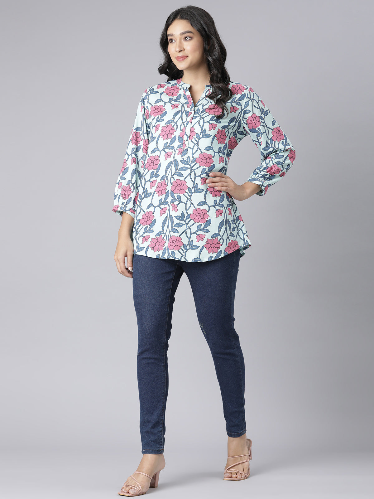 Blush Garden Notch Neck Short Kurti with Pink & Blue Floral Print