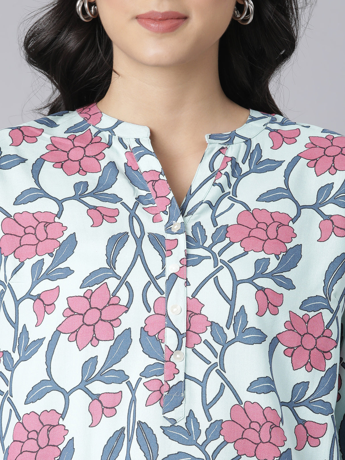Blush Garden Notch Neck Short Kurti with Pink & Blue Floral Print
