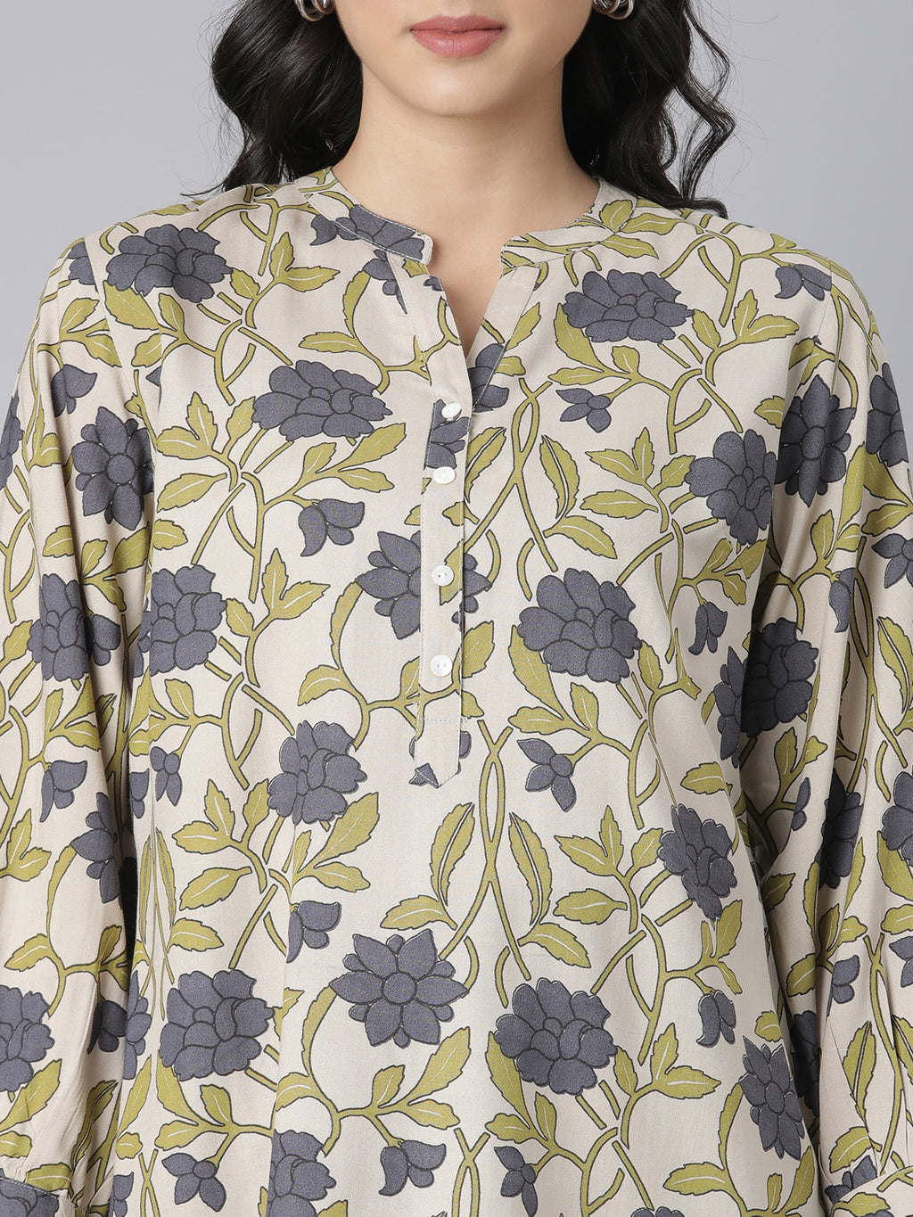 Olive Bloom Notch Neck Short Kurti with Grey Floral Print and Buttoned Placket Detailing