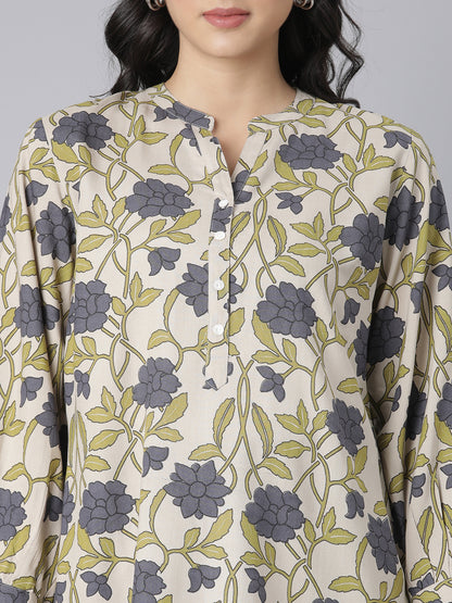 Olive Bloom Notch Neck Short Kurti with Grey Floral Print and Buttoned Placket Detailing