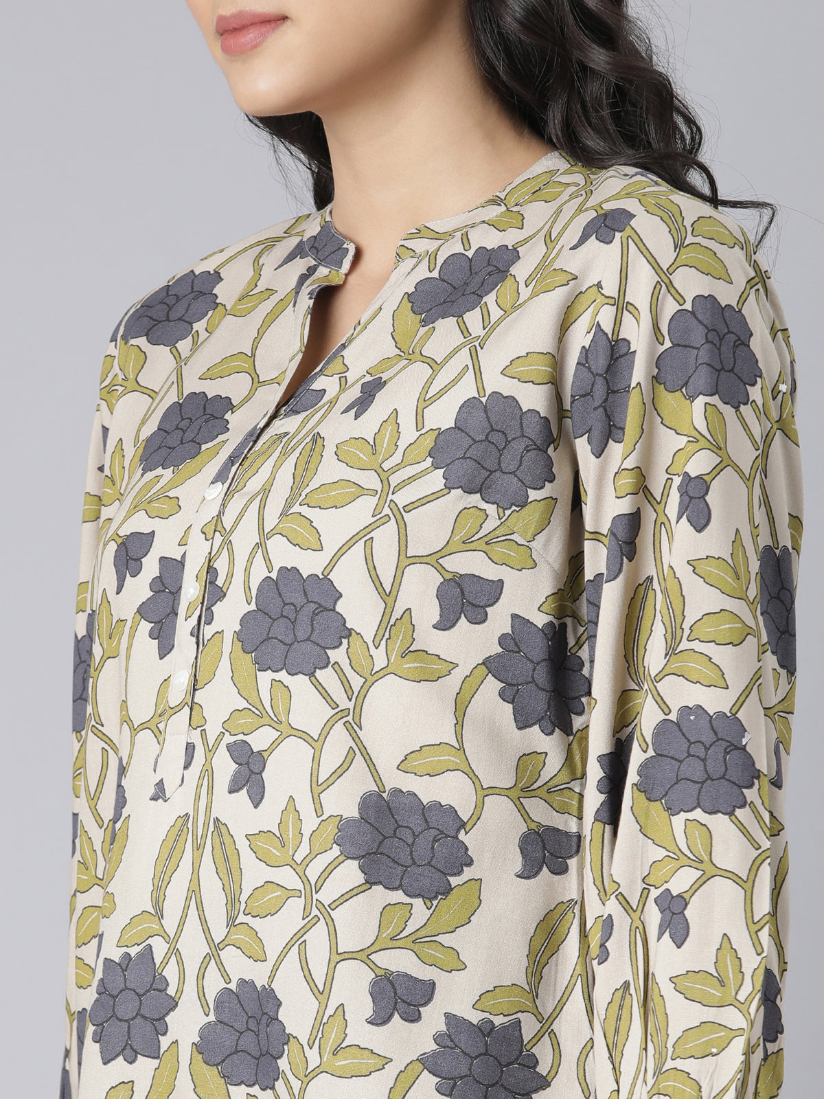 Olive Bloom Notch Neck Short Kurti with Grey Floral Print and Buttoned Placket Detailing