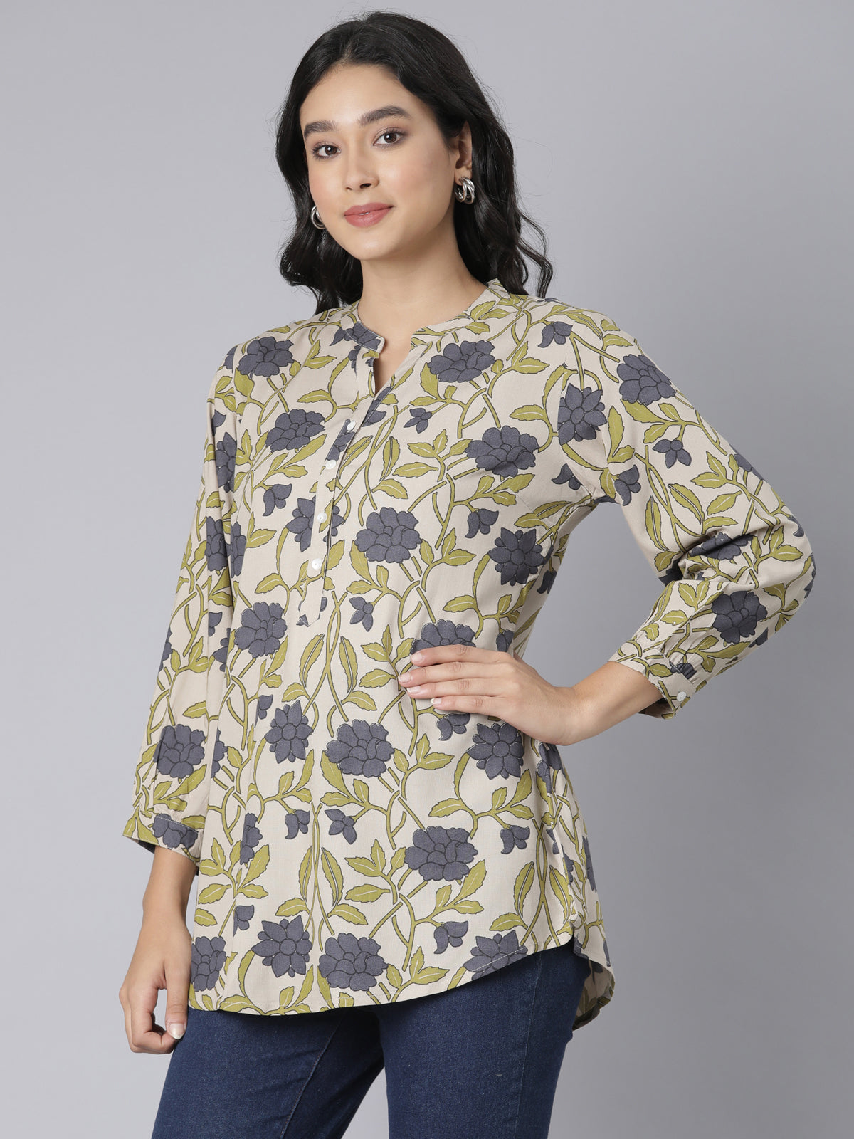 Olive Bloom Notch Neck Short Kurti with Grey Floral Print and Buttoned Placket Detailing