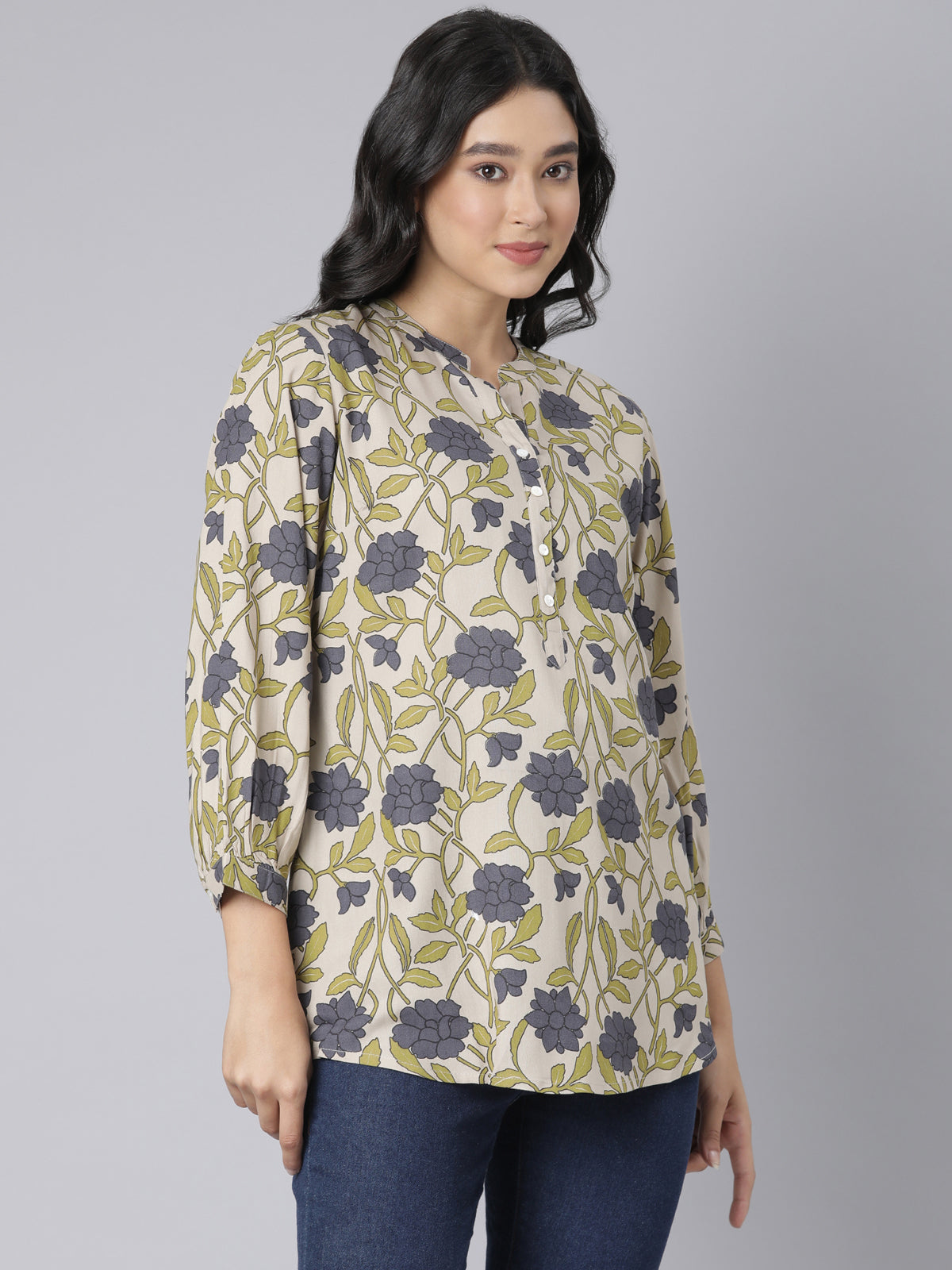 Olive Bloom Notch Neck Short Kurti with Grey Floral Print and Buttoned Placket Detailing