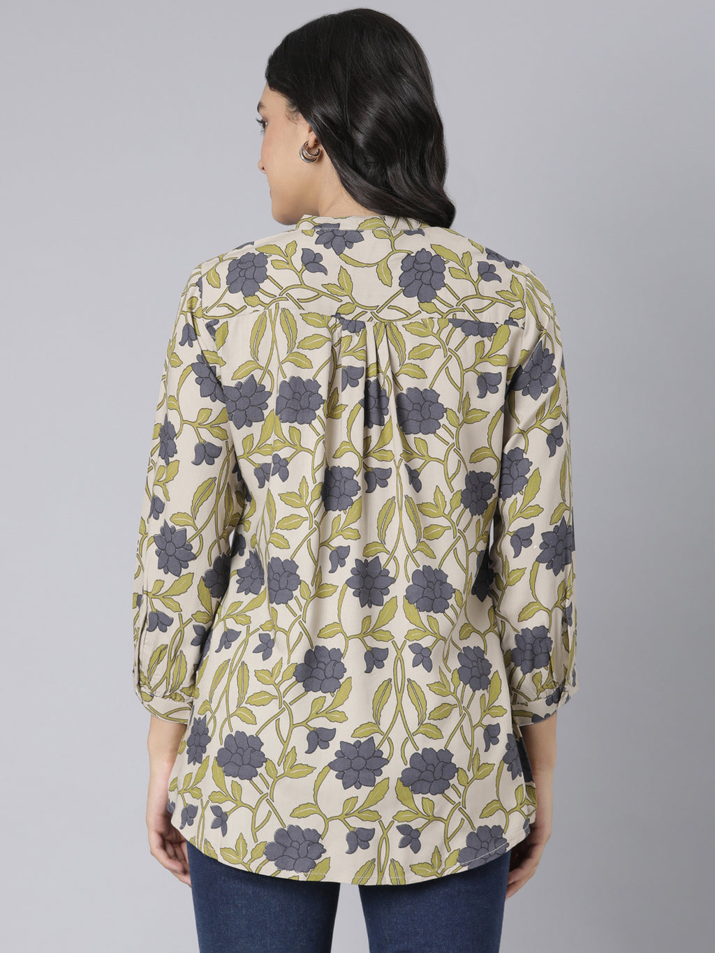 Olive Bloom Notch Neck Short Kurti with Grey Floral Print and Buttoned Placket Detailing