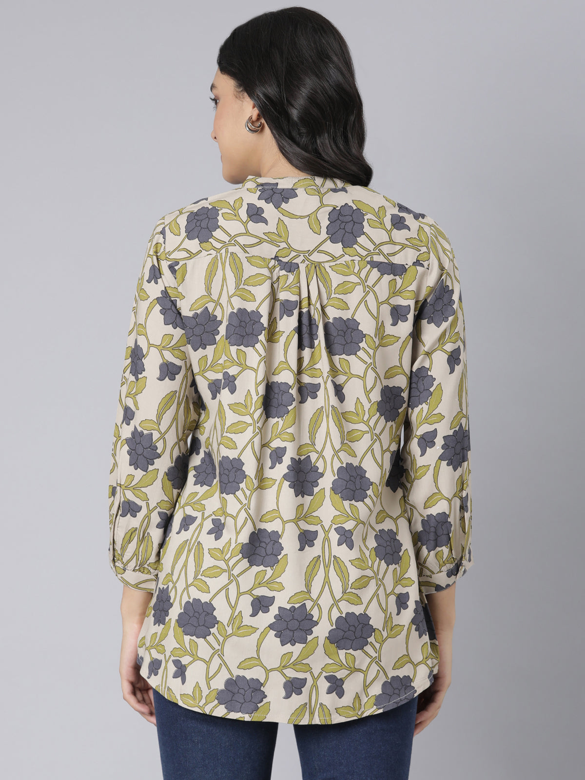 Olive Bloom Notch Neck Short Kurti with Grey Floral Print and Buttoned Placket Detailing