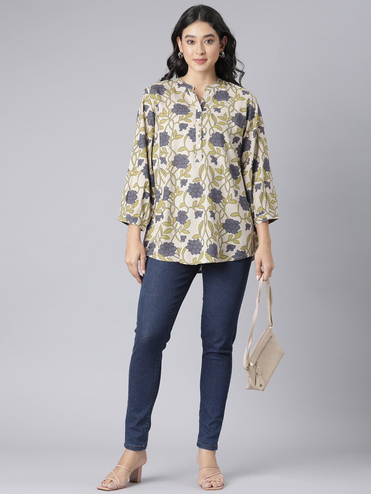 Olive Bloom Notch Neck Short Kurti with Grey Floral Print and Buttoned Placket Detailing