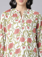 Blush Garden V-Neck Short Kurti with Olive Leaf Motifs and Coral Floral Print