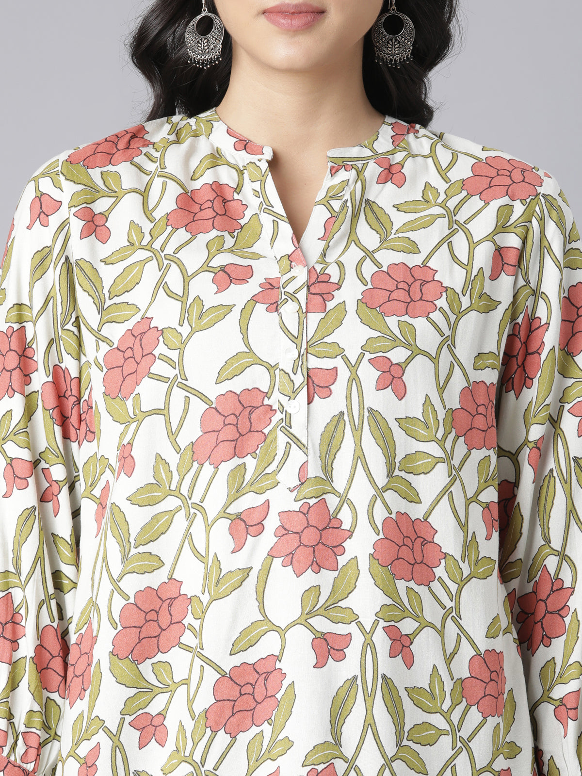 Blush Garden V-Neck Short Kurti with Olive Leaf Motifs and Coral Floral Print