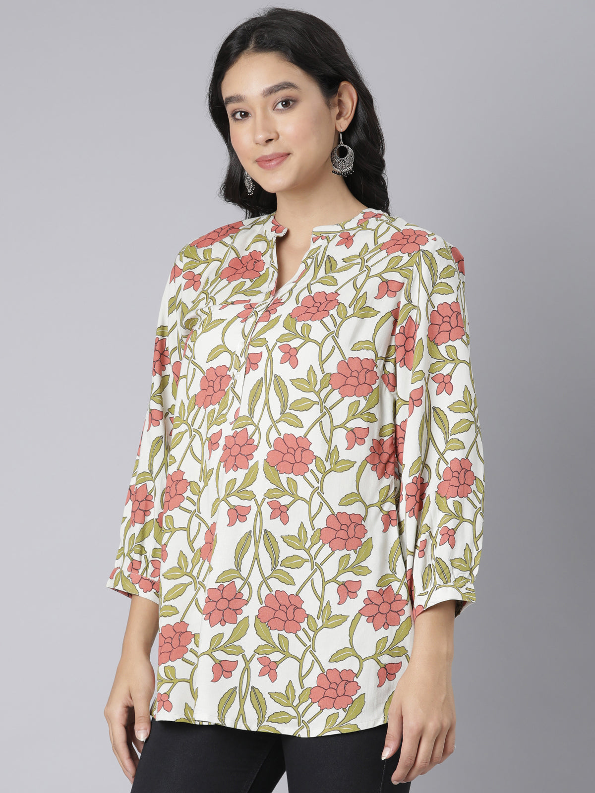 Blush Garden V-Neck Short Kurti with Olive Leaf Motifs and Coral Floral Print