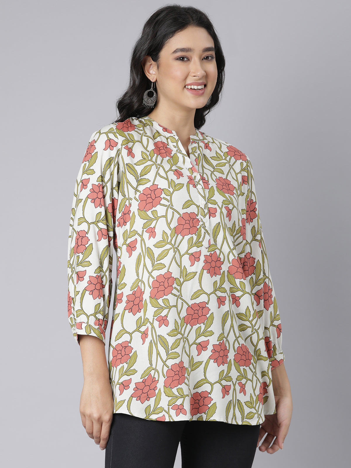 Blush Garden V-Neck Short Kurti with Olive Leaf Motifs and Coral Floral Print