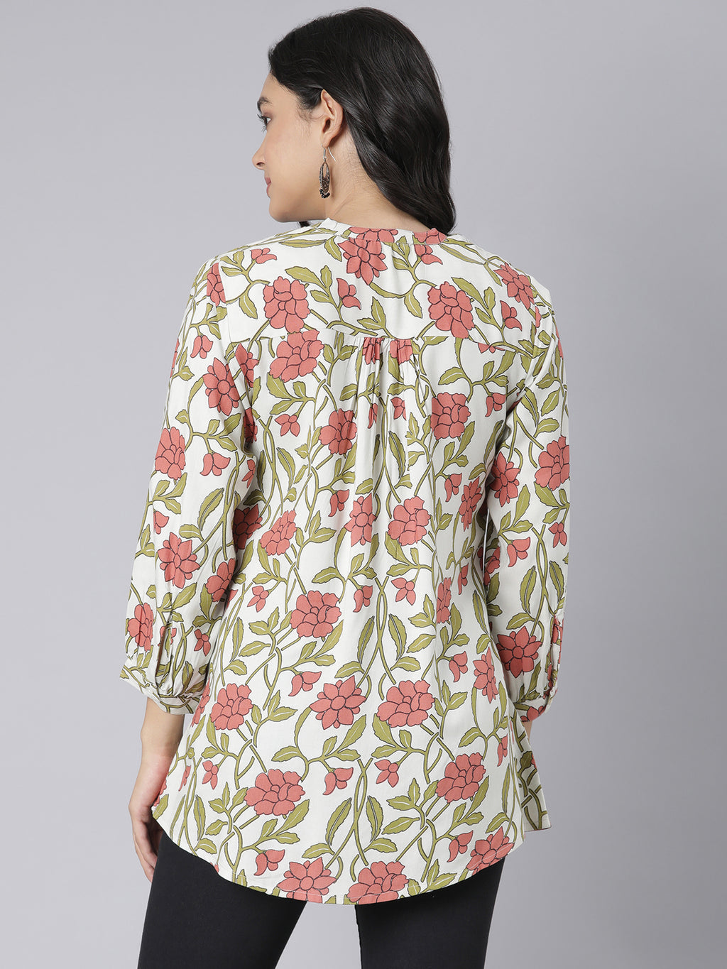 Blush Garden V-Neck Short Kurti with Olive Leaf Motifs and Coral Floral Print